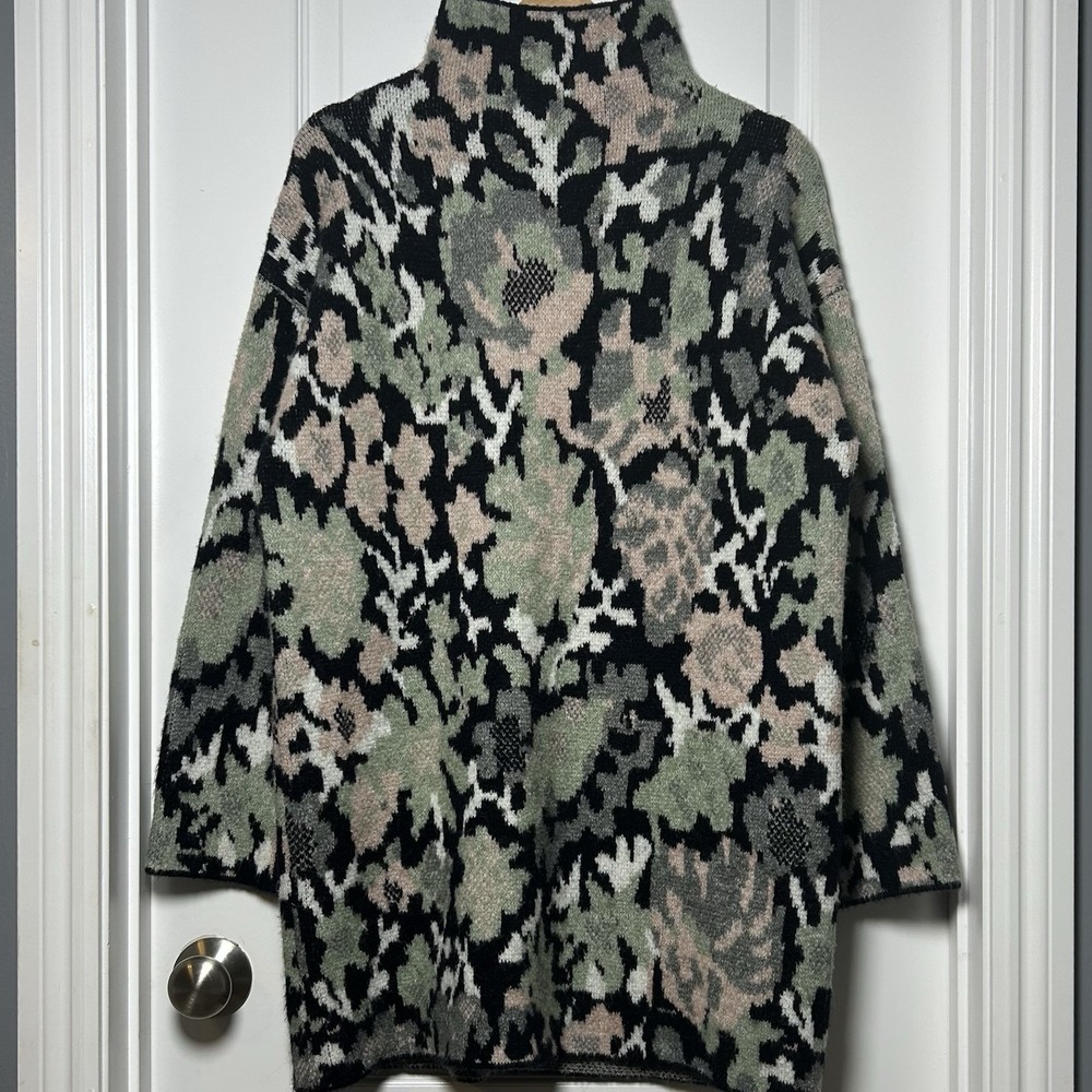 Zara Floral Botanical Jacquard Knit Oversized Turtleneck Sweater Dark Boho Style